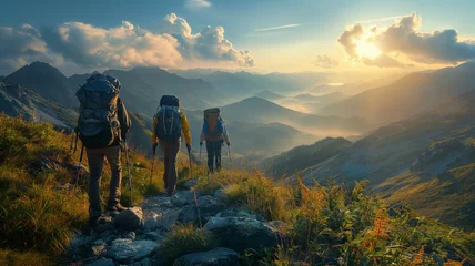 Fotobehang Hikers ascending mountain trail at sunrise © grape_vein