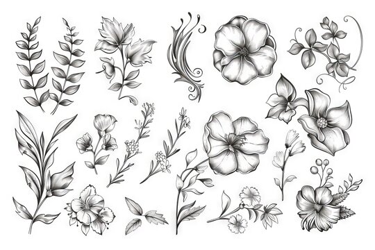Hand-drawn floral frames, corners, dividers, calligraphic lines, borders, and swirls, vintage style illustration