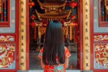 Little girl with long black hair Wearing a bright red cheongsam, standing in front of the golden Chinese temple gate. 