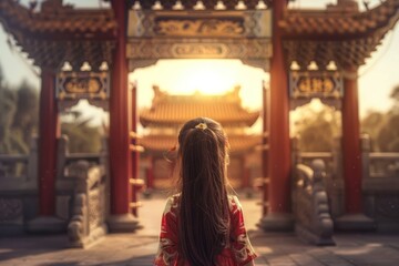 Little girl with long black hair Wearing a bright red cheongsam, standing in front of the golden...