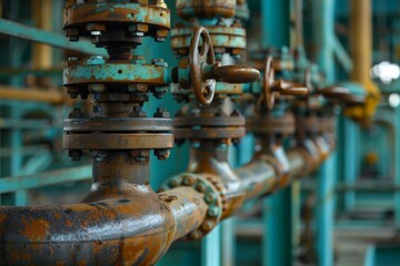 Industrial building piping systems, complex network of pipes and valves, photography