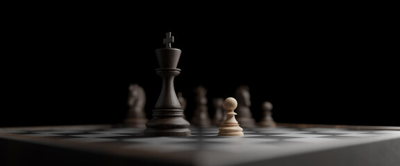 A small chess player faces a big chess player. A battle, a brave heart,Leadership, winner, brave,...