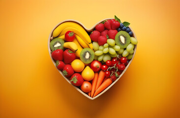 A vibrant photo showcasing a heartshaped bowl filled with nutritious diet foods, including fresh fruits, vegetables, and whole grains, promoting heart health and cardiovascular wellness