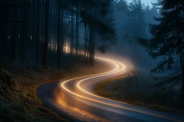Long exposure of car headlights on winding road through misty pine forest at sunset, landscape photography.