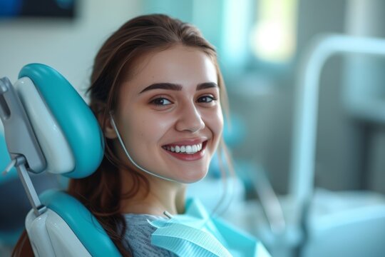 Dental Clinic: Radiant Woman in Chair Receiving Expert Care
