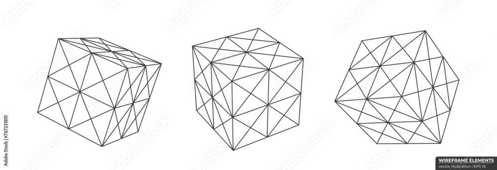 Poster set of wireframe cube from different sides. collection of lowpoly 3d polygonal shapes. cube grid geo