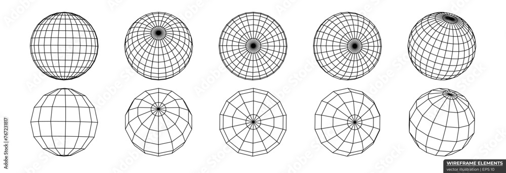 Poster set of wireframe spheres from different sides. collection of lowpoly 3d polygonal shapes. globe grid