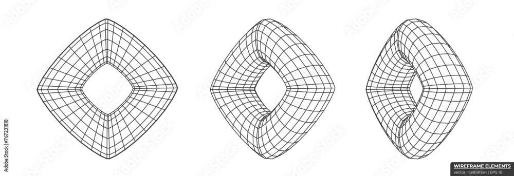 Poster collection of lowpoly 3d polygonal shapes. abstract 3d torus wireframe. grid geometry vector illustr