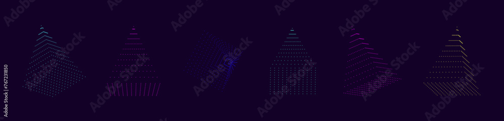 Poster geometric pyramids. cyberpunk elements consisting of a dots in neon colors on dark background. colle