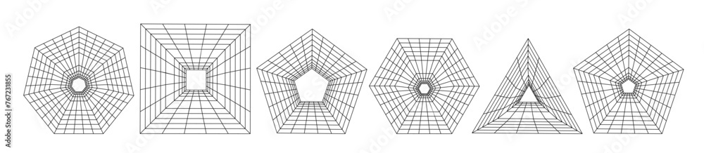 Poster set of wireframe tunnels in different shapes. collection of lowpoly 3d polygonal wormhole. grid geom