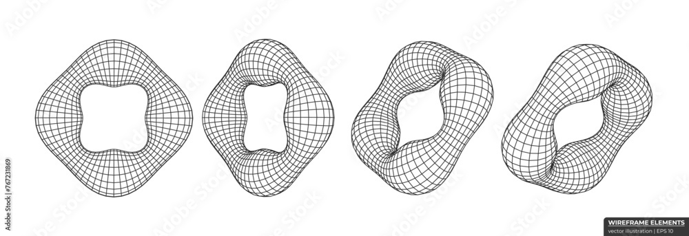 Poster collection of lowpoly 3d polygonal shapes. abstract 3d torus wireframe. grid geometry vector illustr
