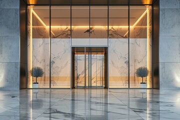 Modern glass entrance with illuminated side panels, architectural interior, 3D rendering