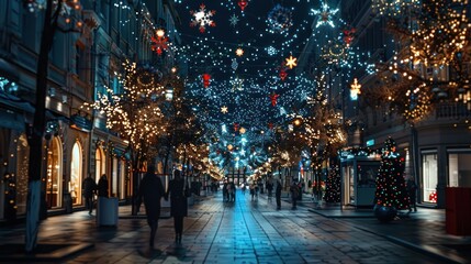 Fototapeta na wymiar photograph of main road in the city decorated christmas lights People walking and shopping old building scenery black sky decorated with stars It conveys the atmosphere of the festival, happiness and 