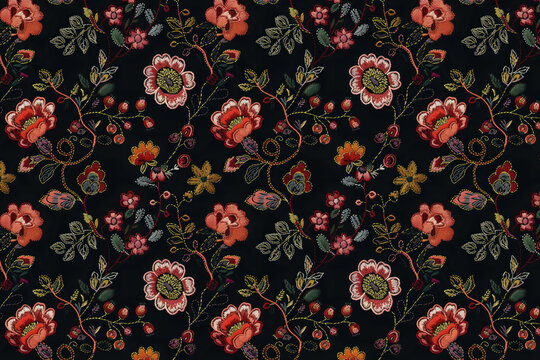 Romantic Floral Embroidery. Seamless Pattern. Fabric Printing. Scrapbooking. Arts and Crafts. Background image. Created with Generative AI technology.