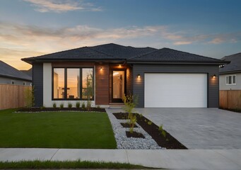 Beautiful exterior of newly home with green grass and blue sky during at sunrise. Front View of New Residential house