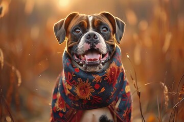 A dog is wearing a scarf and is smiling - obrazy, fototapety, plakaty