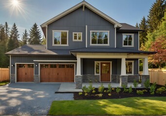 Beautiful new home exterior with two car garage and covered porch on sunny day