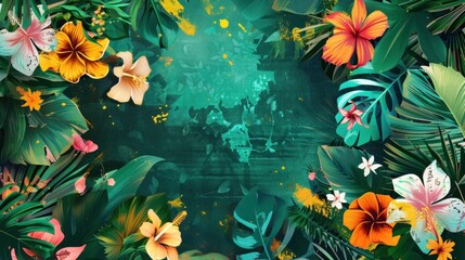 Tropical-themed banner with abstract background and vibrant flowers