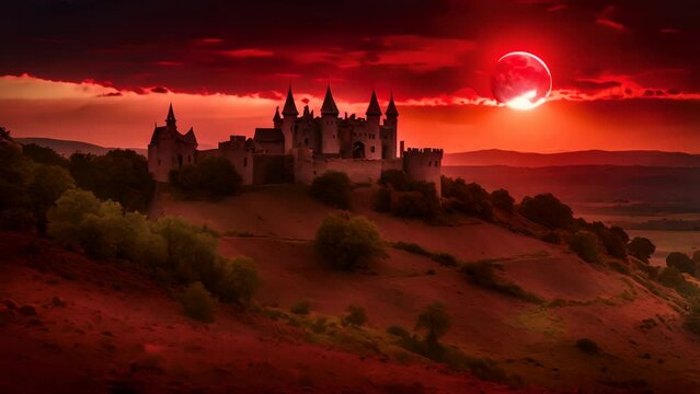 red sky and old castle with towers on the hills. Landscape of mountains and forest. nature and ancient architecture. scenery of castle of thorn with solar eclipse in dark red sky