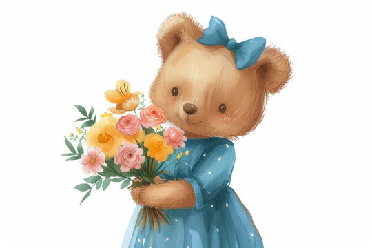 A charming teddy bear in a blue dress holds a bouquet of fresh spring flowers. The bear's blue bow adds a touch of whimsy to the scene.