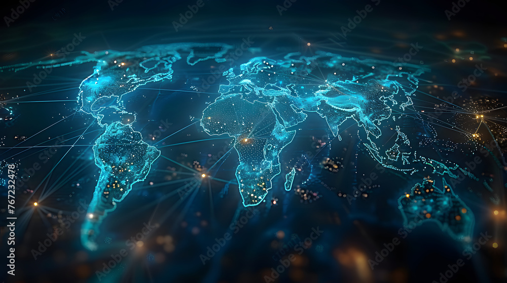 Poster glowing world map on dark background. globalization concept. communications network map of the world