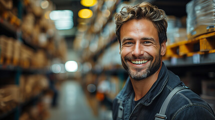 smiling and laughing man in a hardware warehouse standing selects a repair tool. - obrazy, fototapety, plakaty