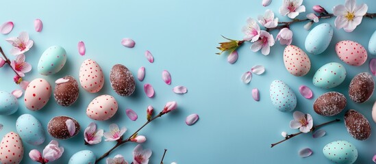 Colorful Easter chocolate eggs with cherry blossoms arranged neatly on a blue background, creating a stylish and delicate spring-themed template with room for text. - obrazy, fototapety, plakaty