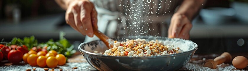 Close-up of a hand mixing ingredients in a bowl