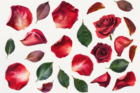 Vibrant red rose petals and green leaves, isolated floral elements, digital illustration