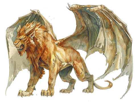 A depiction of a manticore with the body of a lion