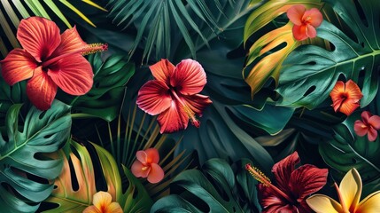 Tropical banner with abstract background of lush vines and vibrant flowers.