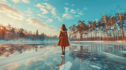 The girl wore a colorful dress. Ice skating on the lake pine forest scenery blue sky It means fun. winter activities and innocence  - obrazy, fototapety, plakaty