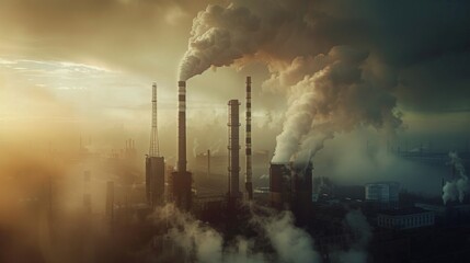 Aerial view of high smoke stack with smoke emission. Plant pipes pollute atmosphere. Industrial fact - obrazy, fototapety, plakaty