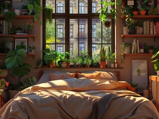 A bedroom with a bed, window, and plants. Scene is peaceful and relaxing