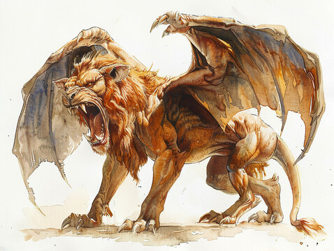 A depiction of a manticore with the body of a lion