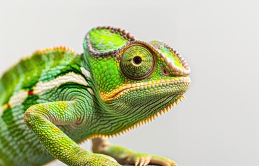 Obraz premium A chameleon on a branch against an isolated white background. A full-bodied green chameleon in the style of nature
