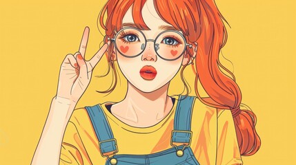 Portrait of positive, kawaii, casual, red-haired K-pop girl in glasses