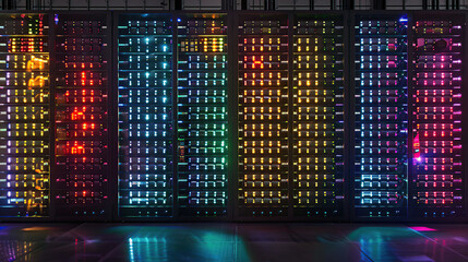Working Data Center With Rows of Rack Servers. Red Emergency Led Lights Blinking and Computers are Working. Dark Ambient Light. computer server