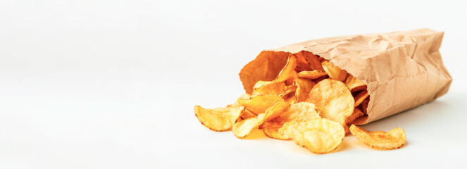 Potato chips or French fries in a paper bag on a white insulated banner background.