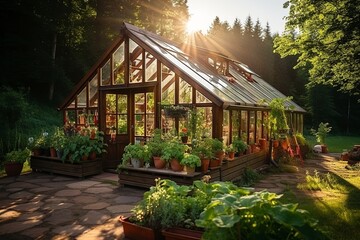 Greenhouse in the vegetable garden for growing tomatoes, cucumbers, other plants in the garden with green vegetation on a sunny summer day, Generative AI.