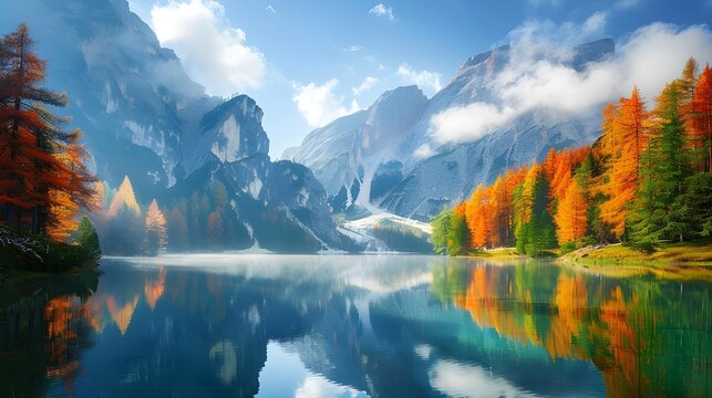 Colorful autumn landscape in Italian Alps, Naturpark Fanes-Sennes-Prags, Dolomite, Italy, Europe. Beauty of nature concept background Ai Generated 