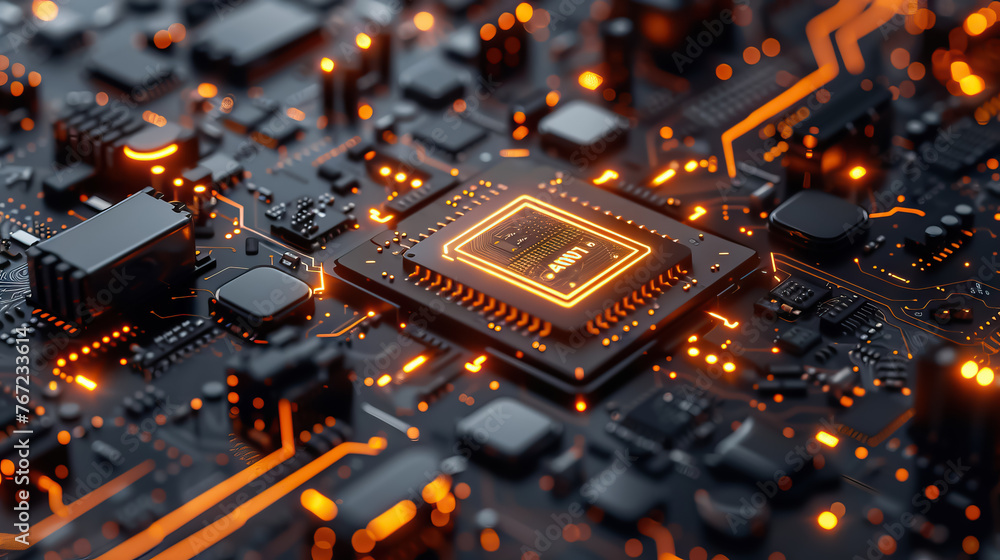 Poster illuminated digital chip on a circuit board, symbolizing advanced cybersecurity