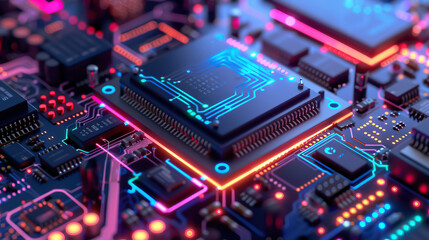 Fototapeta na wymiar Illuminated digital chip on a circuit board, symbolizing advanced cybersecurity