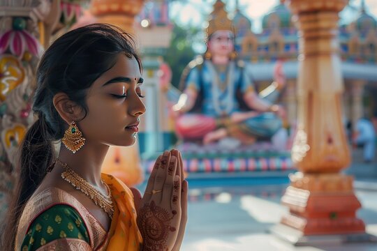 Young Indian woman prays in front of a Hindu statue The background is a Hindu temple. It conveys faith and devotion. 