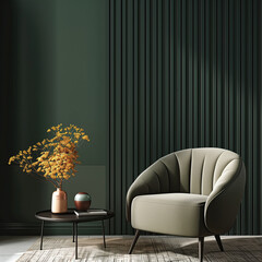 A modern dark green colored wall with a vertical striped pattern, showcasing the texture and depth of each line in an elegant room setting. A single light gray armchair sits beside it on one side.