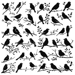 Birds on branches silhouettes. Nature birding vines stencils on white, tree branch with sitting bird silhouette collection vector outline illustration