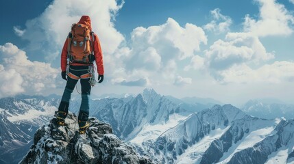 Young man wearing mountaineering clothing. Climbing a mountain. Snowy mountain scenery. cloudy white sky It represents challenge, courage, and greatness.  - obrazy, fototapety, plakaty