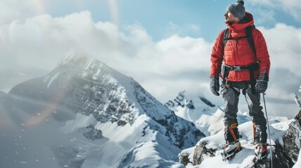 Young man wearing mountaineering clothing. Climbing a mountain. Snowy mountain scenery. cloudy white sky It represents challenge, courage, and greatness.  - obrazy, fototapety, plakaty
