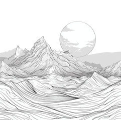 Black and white mountains line art panorama. Mountainous landscape with sunset contouring adventure lined sketche - 767233877