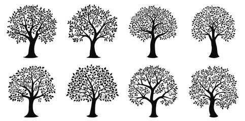 Black tree silhouettes in art deco style isolated on white background. Religious abstract trees ornamental genealogy symbols